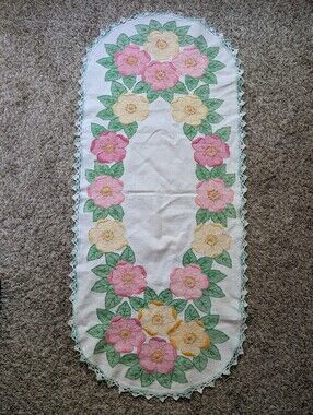 Hand-Embroidered Floral Table Runner - Pink & Yellow Flowers Cottage Core